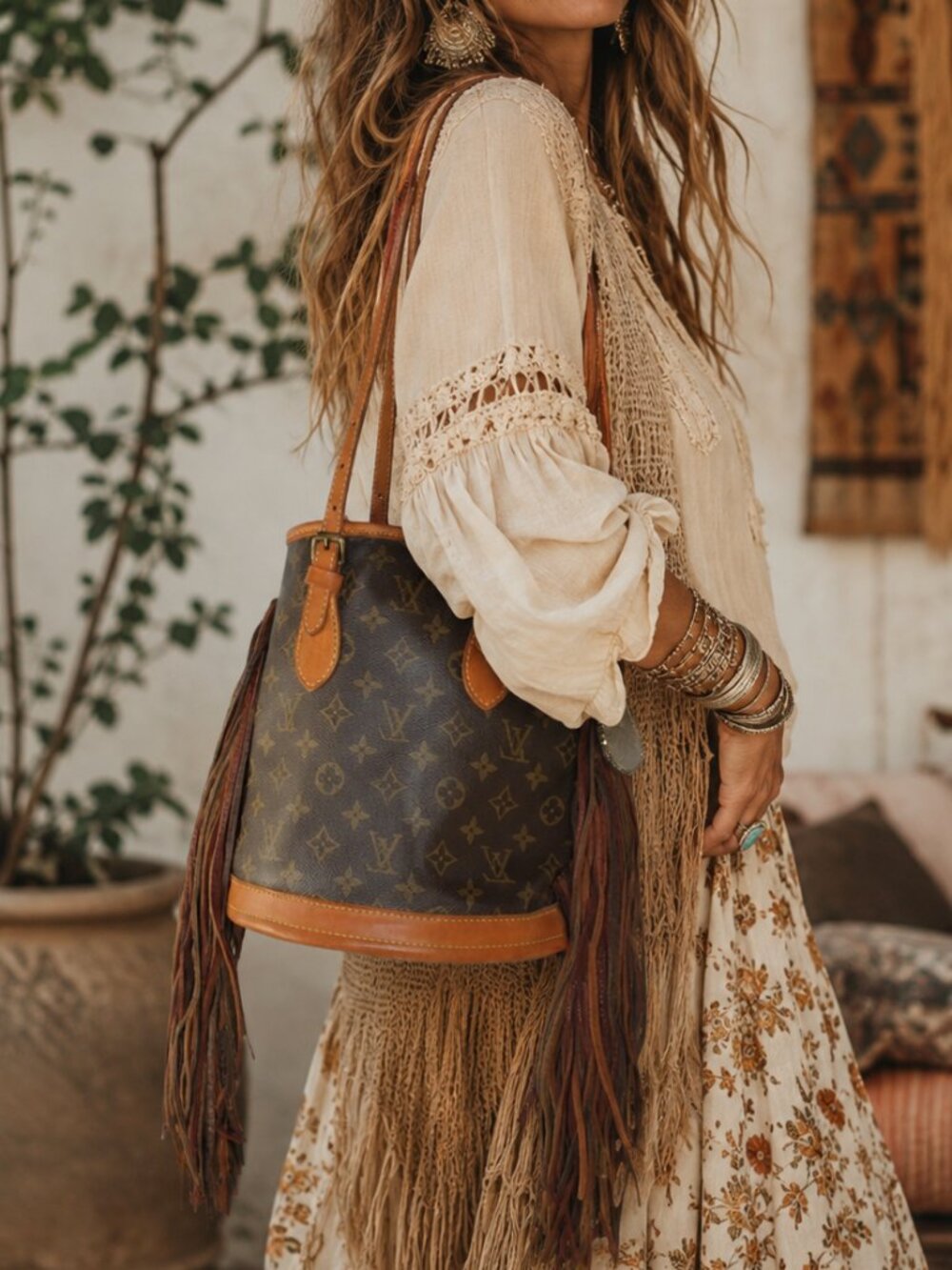 Louis Vuitton Petit Bucket Monogram Vintage Boho Fringe Shoulder Bag